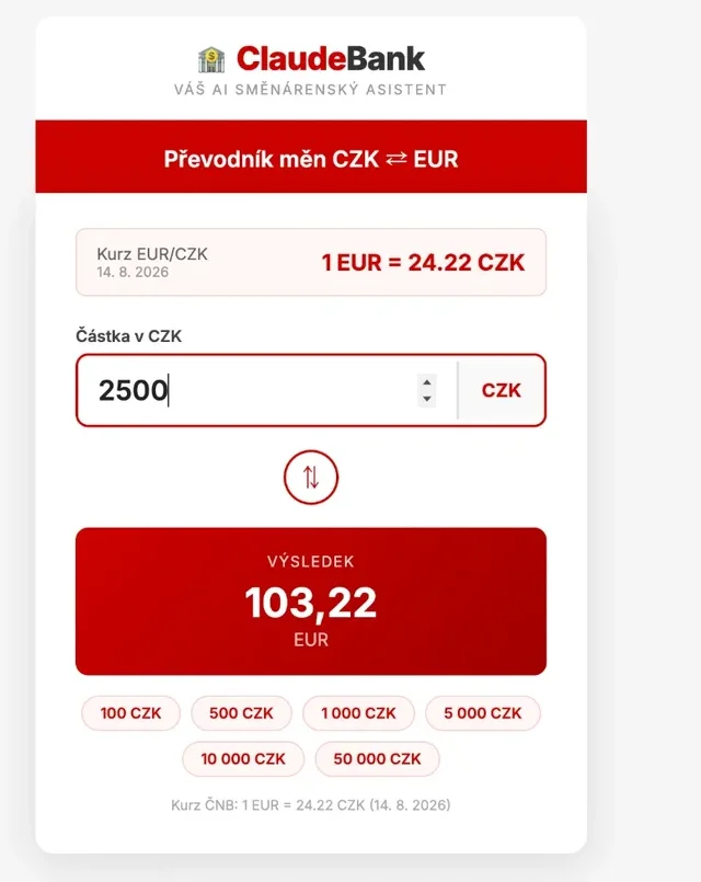 Interaktivní kalkulačka vytvořená v Claude jako Artifact: převodník měn s okamžitým výsledkem.