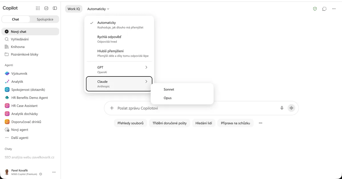 Výběr modelu v Microsoft Copilot Chatu: Automaticky, GPT od OpenAI a Claude od Anthropicu s variantami Sonnet a Opus.