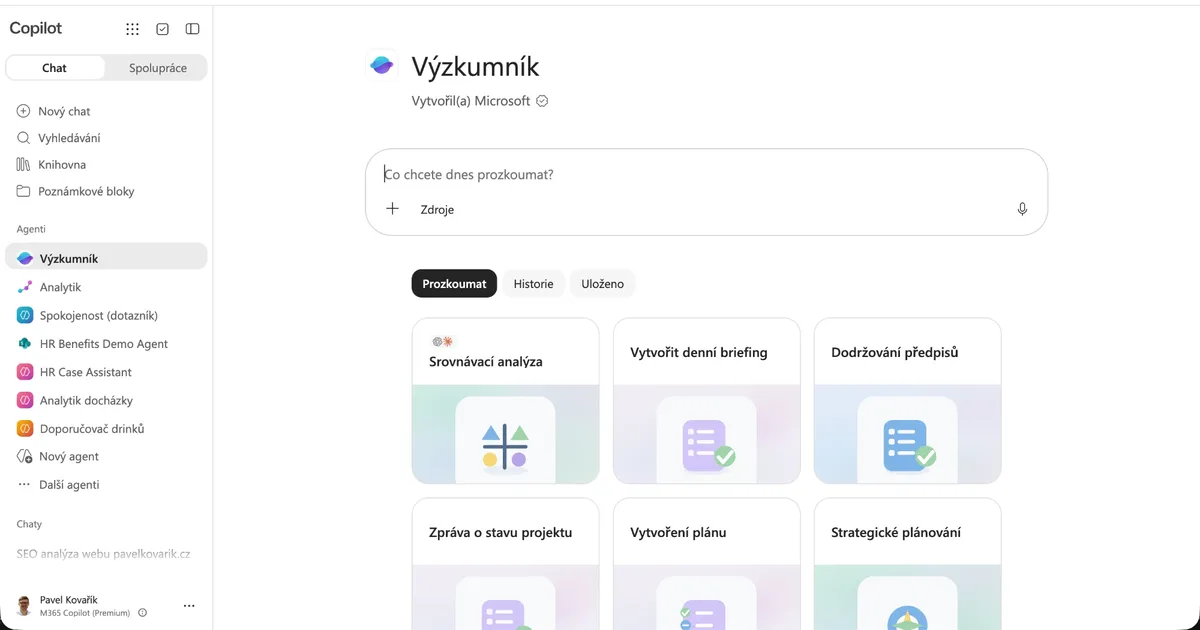 Agent Výzkumník v Microsoft 365 Copilotu s předpřipravenými typy rešerší, například srovnávací analýza nebo dodržování předpisů.
