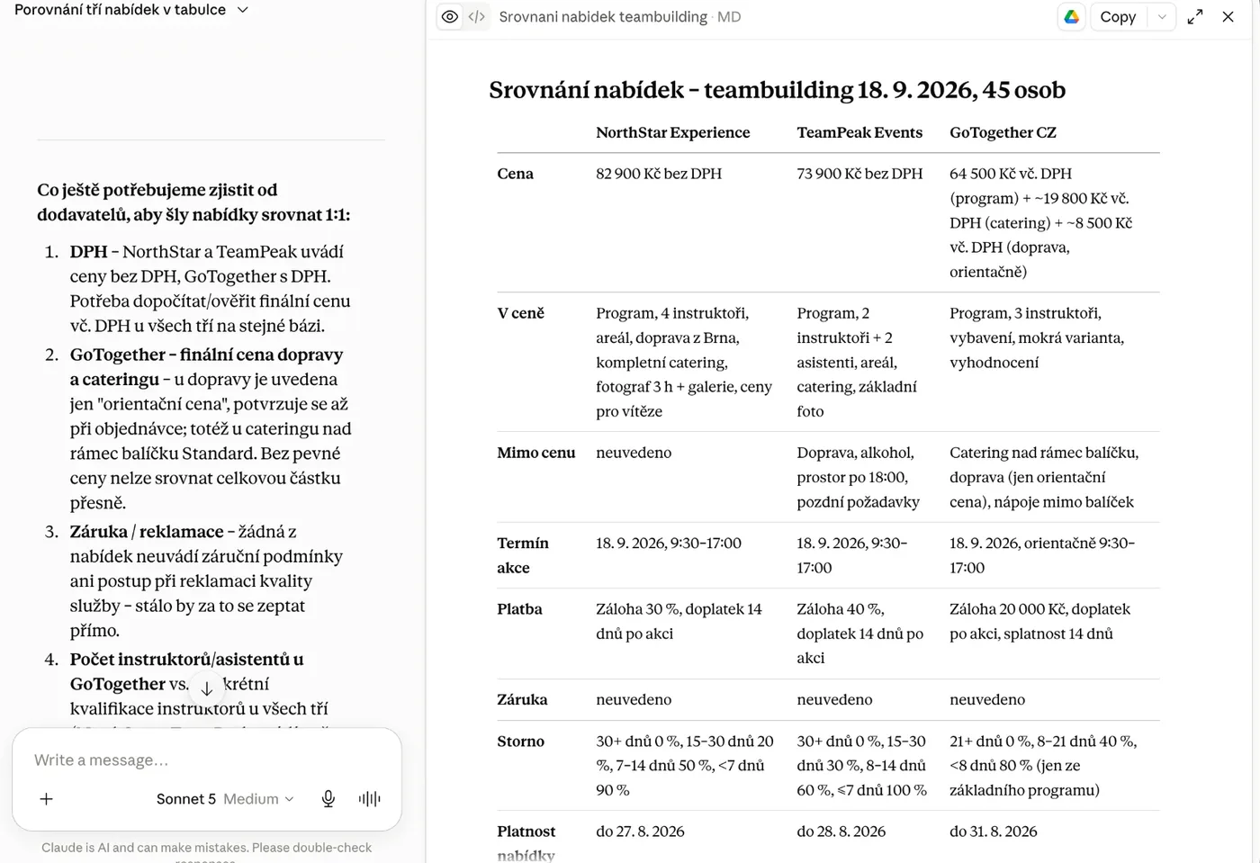 Výstup Claude: srovnávací tabulka tří nabídek na teambuilding podle ceny, obsahu, termínu, platby a storna.