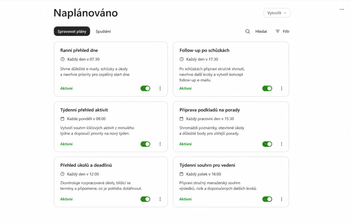 Přehled naplánovaných úloh v Copilot Coworku: šest aktivních automatizací v češtině s časy spuštění, například ranní přehled dne v 7:30 nebo týdenní souhrn pro vedení v pátek v 16:00.