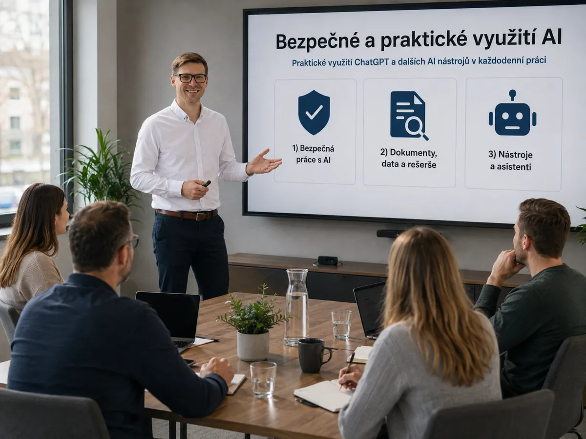 Lektor Pavel Kovařík vede firemní AI školení pro skupinu zaměstnanců, na obrazovce téma bezpečného a praktického využití AI.